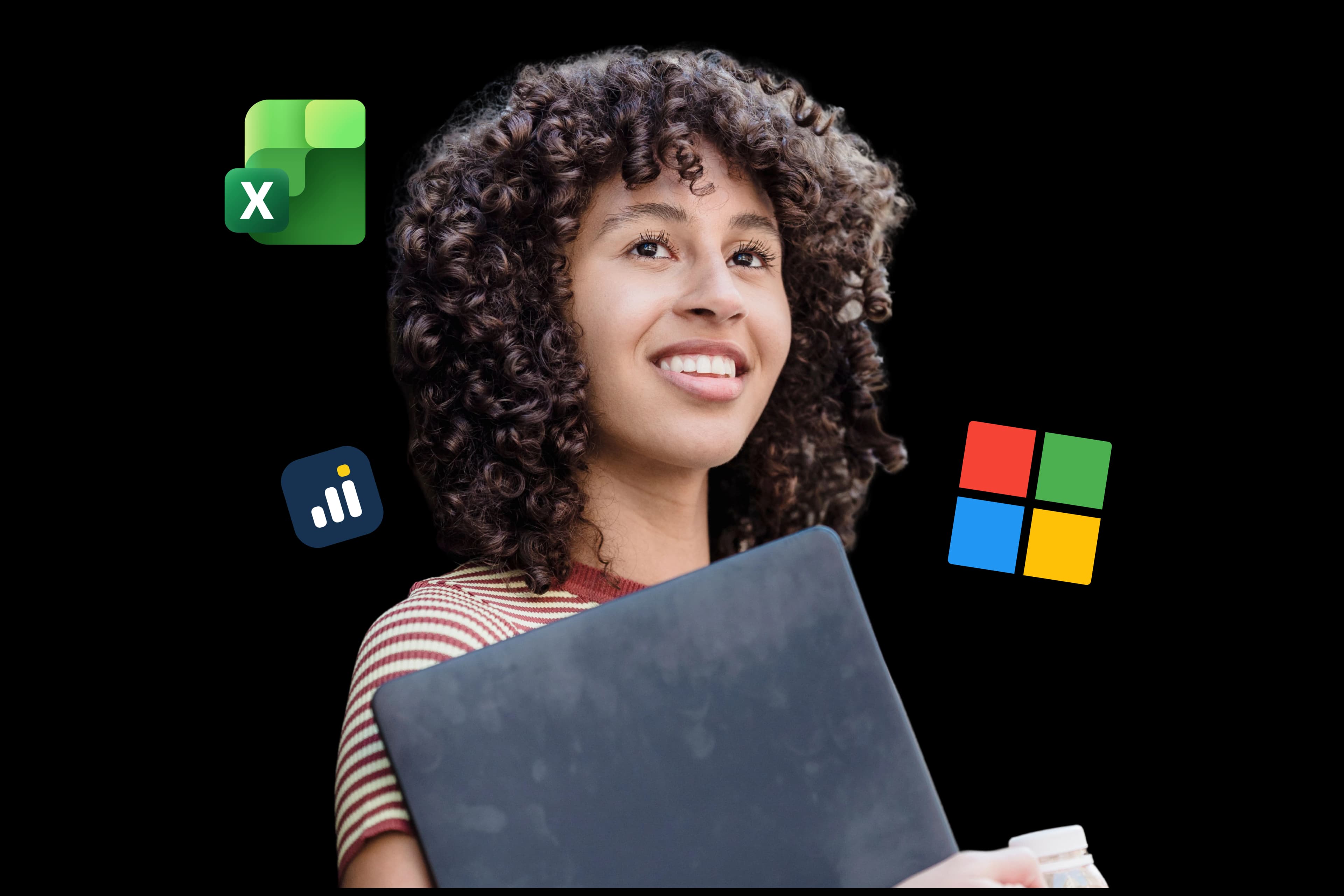 Murid memegang laptop, dikelilingi lencana Excel dan Microsoft